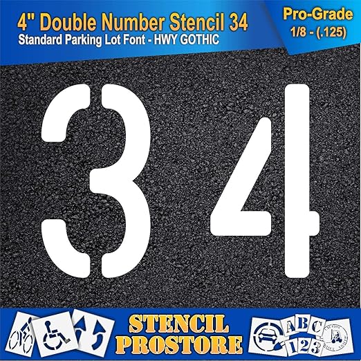 Pavement, Curb, and WheelStop Stencils - 4 inch Double Number Stencil - (34) - 4" x 5.5" x 1/8" (128 mil) - Pro-Grade