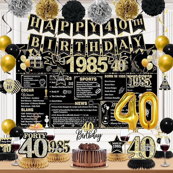 40th Birthday Decorations Men, Black Gold Back In 1985 Birthday Banner Decorations, Vintage 40th Birthday Table Decorations, Cake Topper, Balloons, Backdrop, Sash Party Supplies for Men