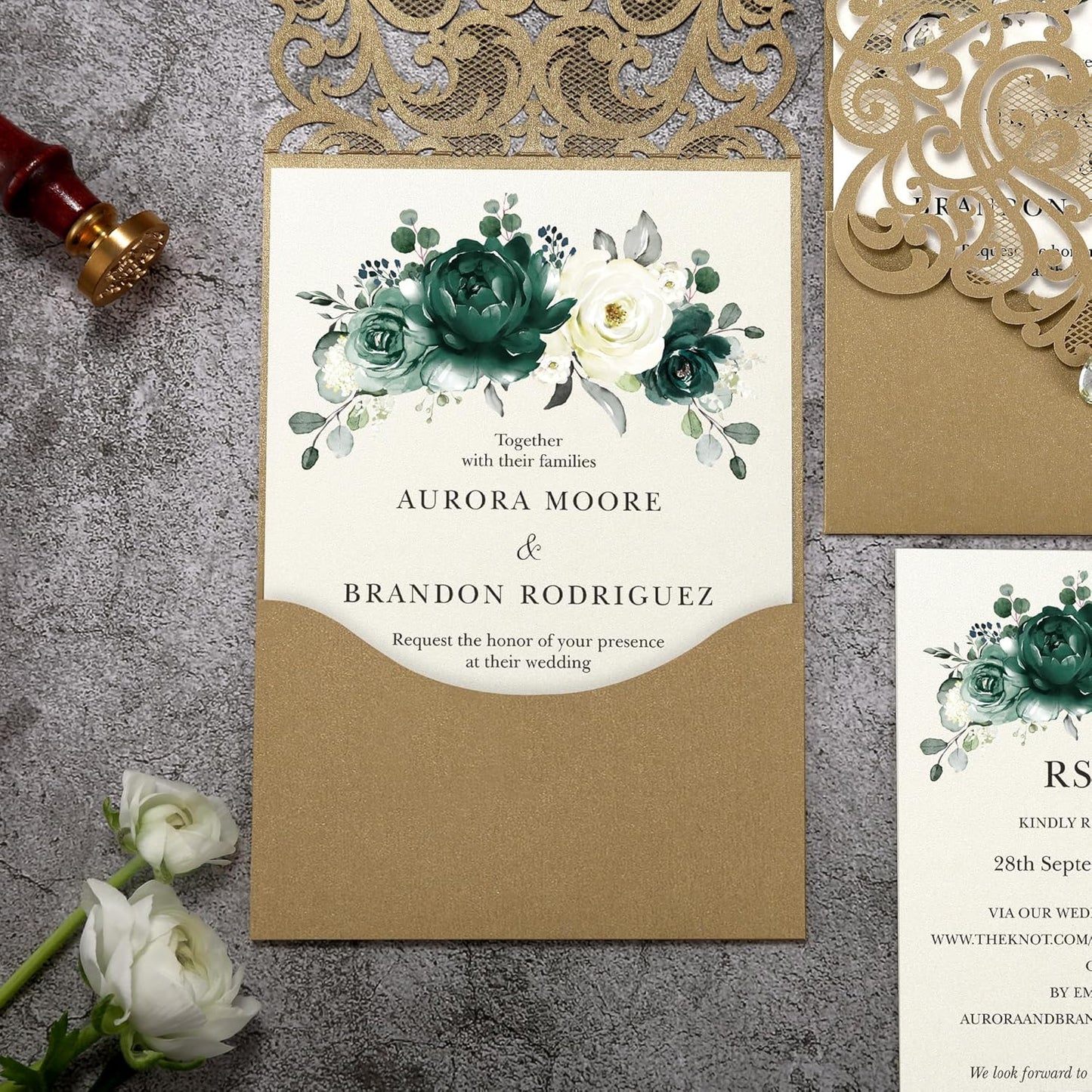 50pcs Laser Cut Wedding Invitations with Envelopes and RSVP Cards Green and Gold, 5x7.3 Personalized Invitation Cards for Wedding, Anniversary Invitations with Rhinestone