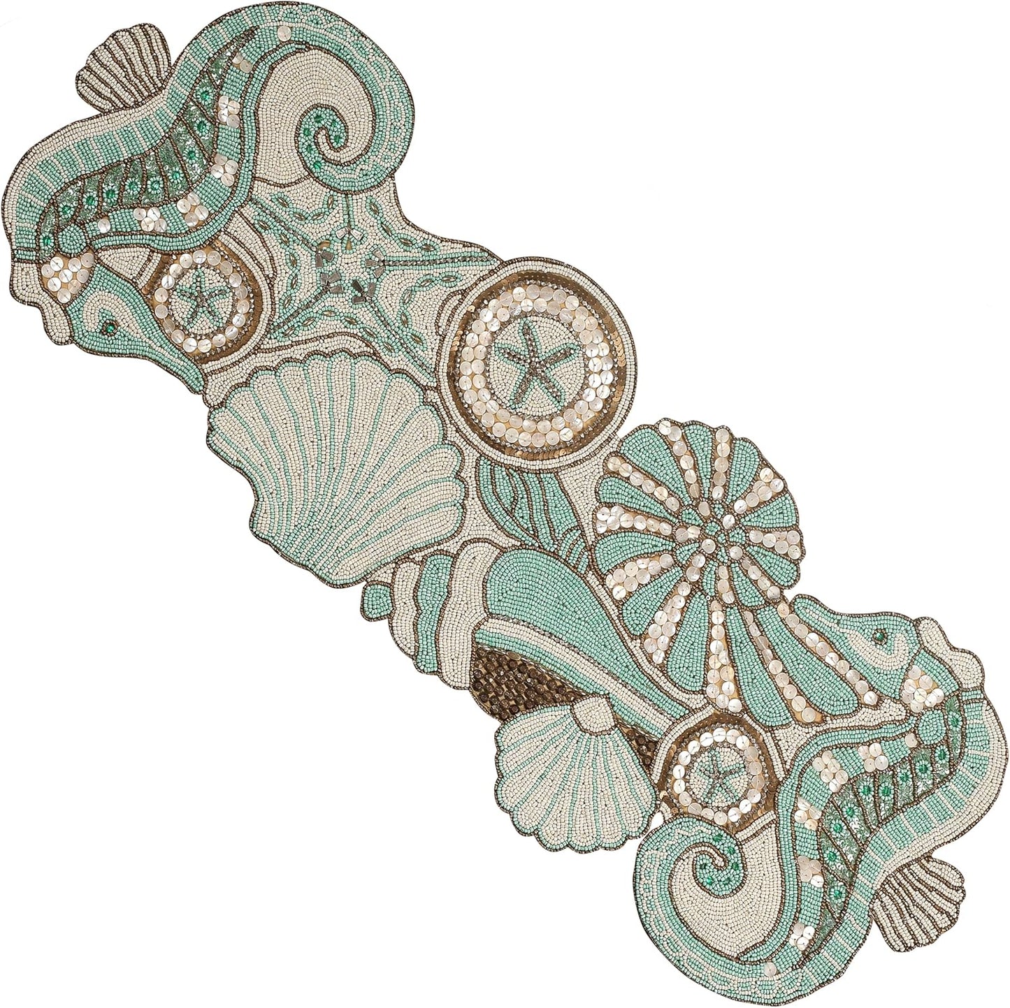 Handcrafted Beaded Table Runner - 36x13 Inch, Coastal Animal Design in Fern Green Ivory - Ideal for Farmhouse, Bridal Shower, and Christmas Decor (Green Brown) - CLEENTABLE