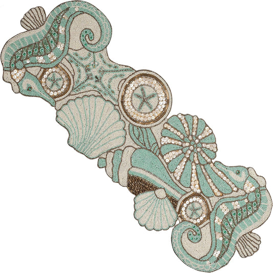 Handcrafted Beaded Table Runner - 36x13 Inch, Coastal Animal Design in Fern Green Ivory - Ideal for Farmhouse, Bridal Shower, and Christmas Decor (Green Brown) - CLEENTABLE