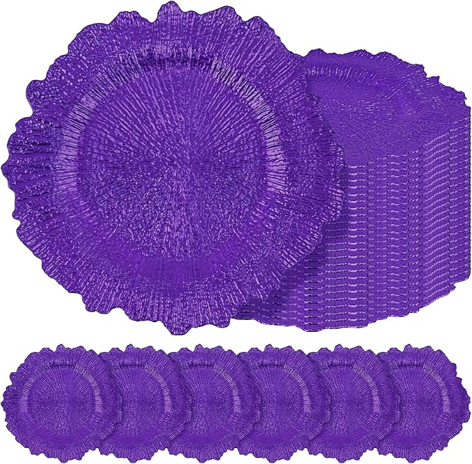 24 Pcs Purple Charger Plates Bulk 13 Inch Plastic Charger Plates for Dinner Plate, Purple Chargers for Table Setting, Reef Design Plate Floral Decorative Round Chargers for Wedding Party Event