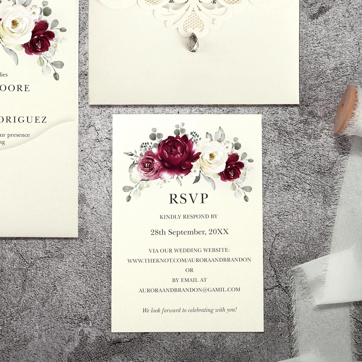50pcs Laser Cut Wedding Invitations with Envelopes and RSVP Cards Burgundy and Ivory White, 5x7.3 Personalized Invitation Cards for Wedding, Anniversary Invitations with Rhinestone