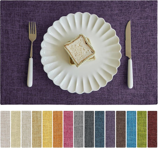 Softalker Faux Linen Placemats Set of 6-12 x 18 Inch, Heat Resistant Double Layered Durable Burlap Farmhouse Place Mats, Non-Slip Washable Rustic Table Mats for Dining, Kitchen, Party（Purple
