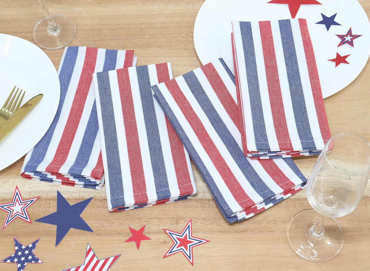 PurpleEssences 4th of July Plain Striped Cloth Napkins - Set of 12-100% Cotton - 18 x 18 Inch - Perfect Everyday Use Dinner Napkin - Labor Day- Red Blue White