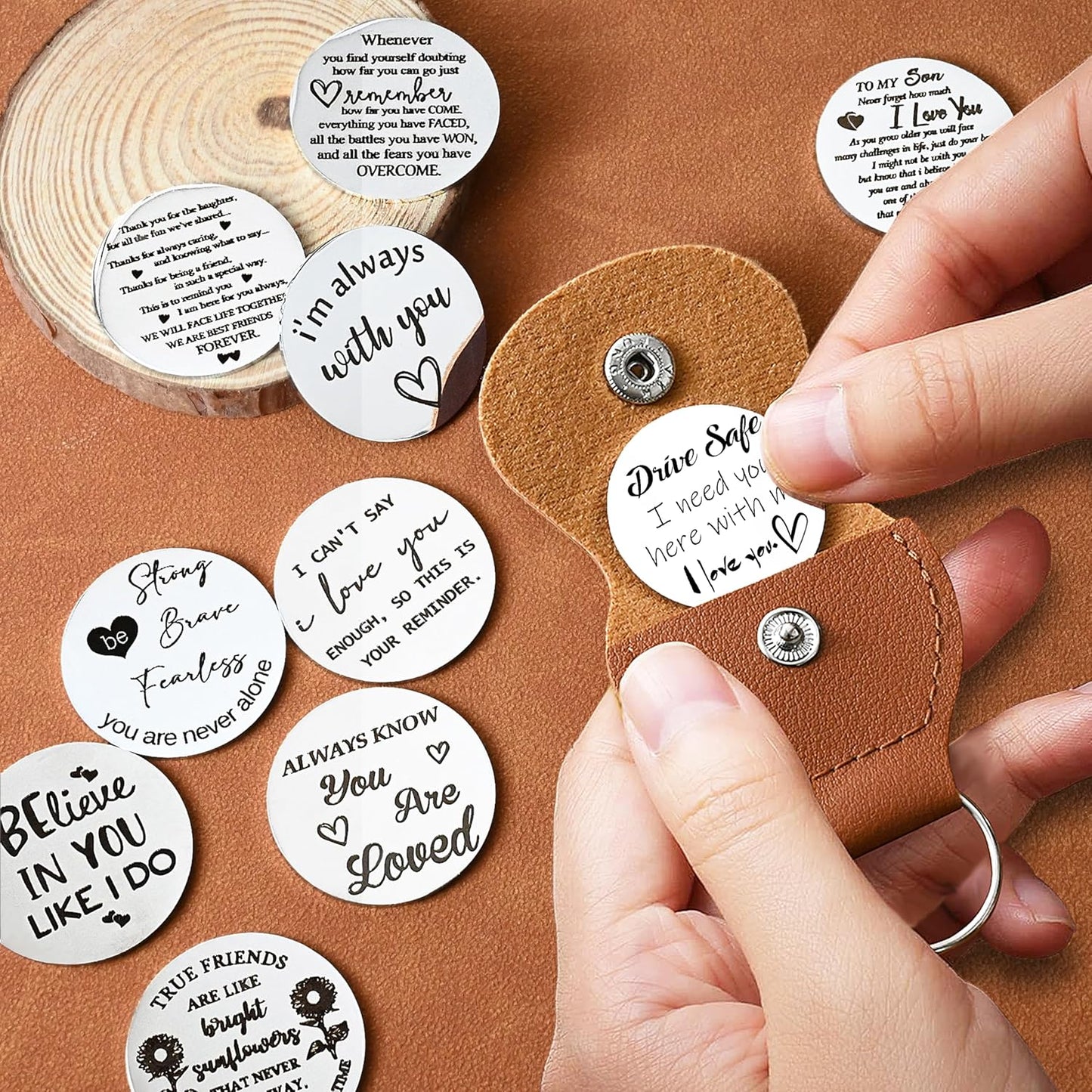 OUMILAN Pocket Hug Token Gifts for Men Boyfriend Girlfriend Inspirational Gift for Son Daughter Brother with Leather Keychain