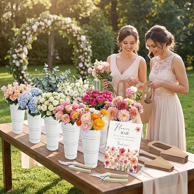 LEIFIDE 45 Pcs Flower Bar Buckets Set Kit Bloom Bar Supplies Include Wood Sign Gift Bags Iron Bucket Garden Flower Shears for Valentine Days Wedding Bridal Shower Table Centerpieces (White)