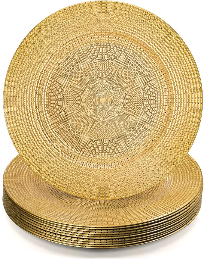 Hiceeden 12 Pack Gold Charger Plates for Dinner Plates, 13" Round Plastic Chain Shaped Charger Service Plates, Decorative Chargers Bulk for Table Setting, Wedding, Party, Event