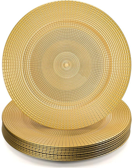 Hiceeden 12 Pack Gold Charger Plates for Dinner Plates, 13" Round Plastic Chain Shaped Charger Service Plates, Decorative Chargers Bulk for Table Setting, Wedding, Party, Event