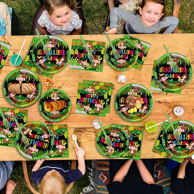 96 Pcs Monkey Birthday Party Supplies Jungle Monkey Birthday Paper Plates Napkins Jungle Animal Party Decorations Wild Animal Disposable Dinnerware Favor for Kids Baby Show Tableware Serves 24