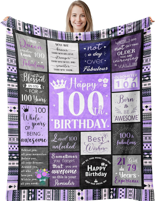 100th Birthday Gifts for Women Soft Purple Blanket 60"X50", Best Gifts for 100 Year Old Woman Decorations Party Supplies, Happy 100th Birthday Gift Ideas, 1925 Bday Present for Mom Grandma