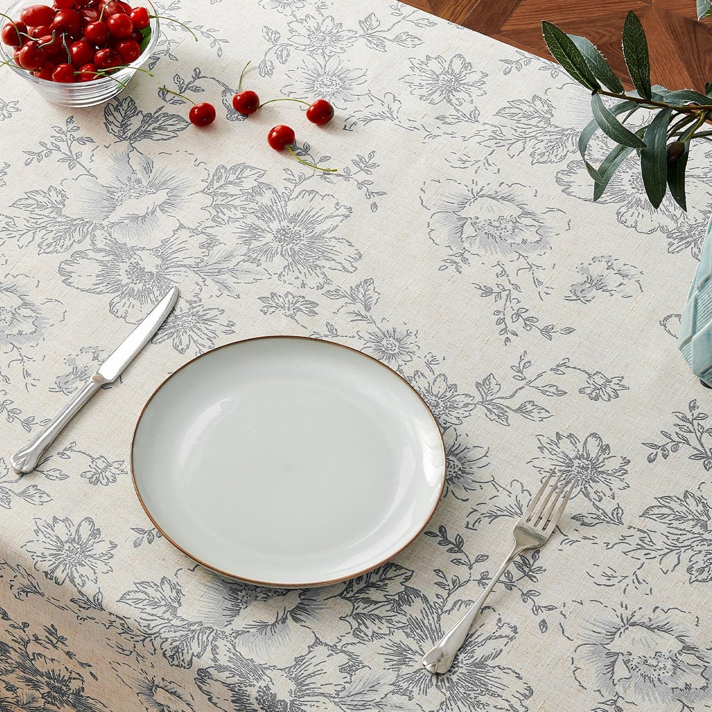 jinchan Linen Table Cloth 52 x 52 Inch with Gray Flower Print Farmhouse Beige Linen Blend Cloth for Square Dining Table Washable Cottage Table Cover Home Decor 1 Panel Floral Grey on Beige