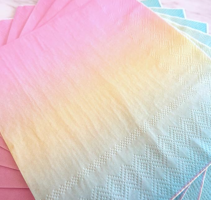 Party Paper Napkins - 50 Pack Pastel Birthday Disposable Paper Napkins with on Pink Yellow Blue Ombre Gradient for Cocktail Party Supplies - 6.5" x 6.5" inches (Any Occasion)