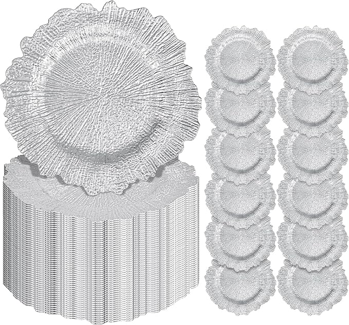 Pesonlook 100Pcs Silver Charger Plates Round 13inch, Reef Plate Chargers for Dinner, Bulk Plastic Floral Table Charger Plates for Dinner Wedding Party Event Table Setting Decoration(Silver)