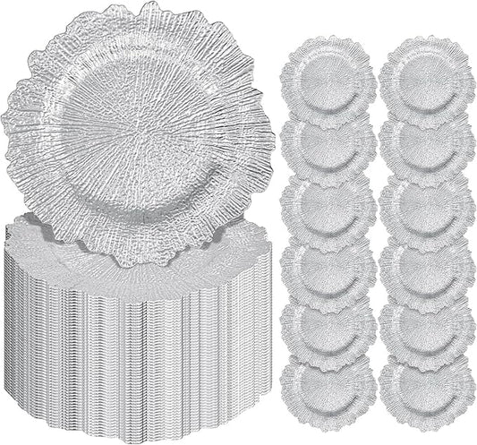 Pesonlook 100Pcs Silver Charger Plates Round 13inch, Reef Plate Chargers for Dinner, Bulk Plastic Floral Table Charger Plates for Dinner Wedding Party Event Table Setting Decoration(Silver)
