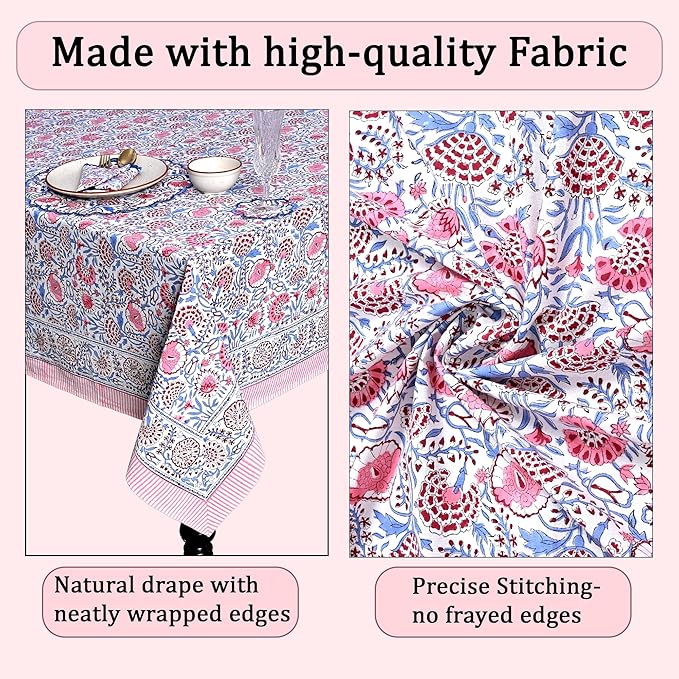 Ridhi Hand Block Print Pigeon Blue Flamingo Pink Rectangle Cotton Tablecloth 160" x 72" Reusable Table Cover Decorative Everyday Use for Dining, Farmhouse, Home Gift for Spring, Easter, Valentine