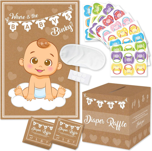 Party Hearty 2 Baby Shower Games, Pin The Pacifier on The Baby Game and 50 Pcs Diaper Raffle Tickets with Box, Bring a Pack of Diapers to Win, Pin The Binky
