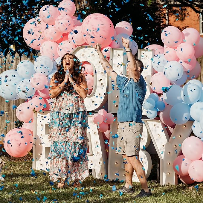 PrimePure Gender Reveal Confetti Cannon - Butterfly Shaped Confetti Poppers - Blue, 2 Pack - Baby Boy Gender Reveal Party Poppers Shooters - Blue Paper Butterflies Baby Shower Party Supplies Pop Gun