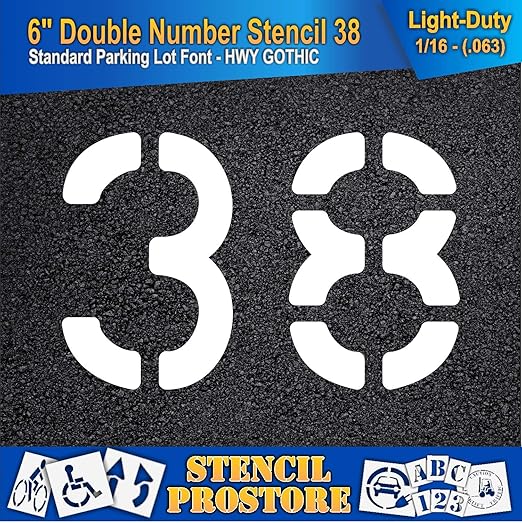 Pavement, Curb, and WheelStop Stencils - 6 inch Double Number Stencil - (38) - 6" x 9" x 1/16" (63 mil) - Light-Duty