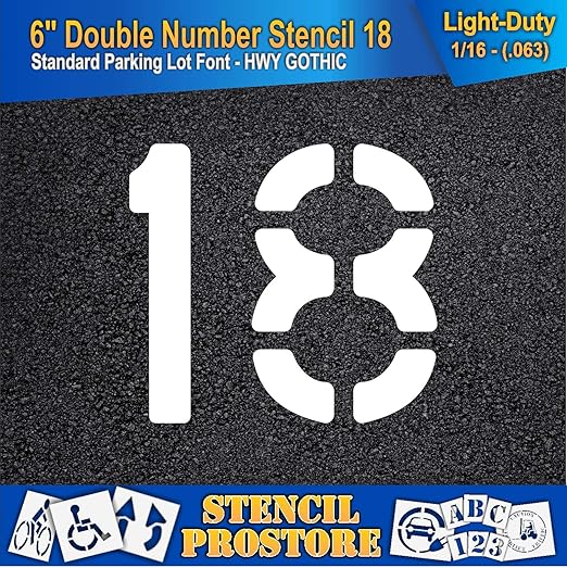 Pavement, Curb, and WheelStop Stencils - 6 inch Double Number Stencil - (18) - 6" x 6" x 1/16" (63 mil) - Light-Duty