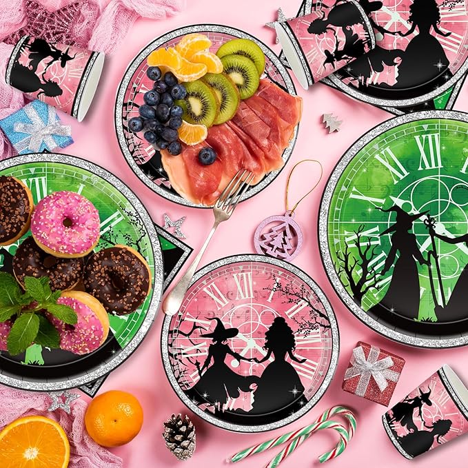169Pcs Pink and Green Witch Birthday Decorations, Include Plates Napkins Cups Banner Knives Forks Spoons, Serve 24