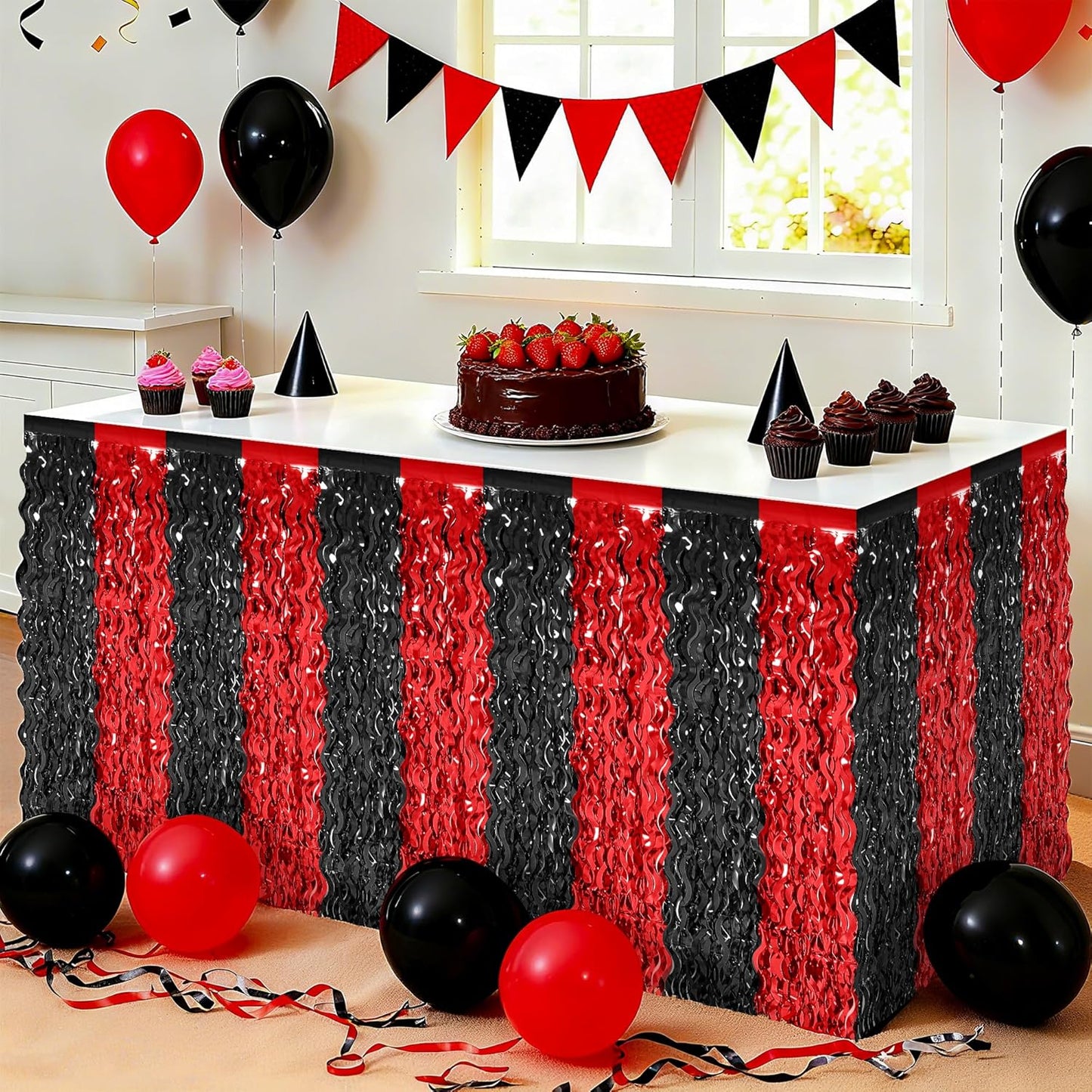 2 Pack Desk Skirt, Black Red Desk Grass Skirt for Table, Halloween Metallic Wavy Tinsel Foil Fringe Table Skirts, Foil Table Skirt for Halloween Graduations Birthday Indoor Party Decorations
