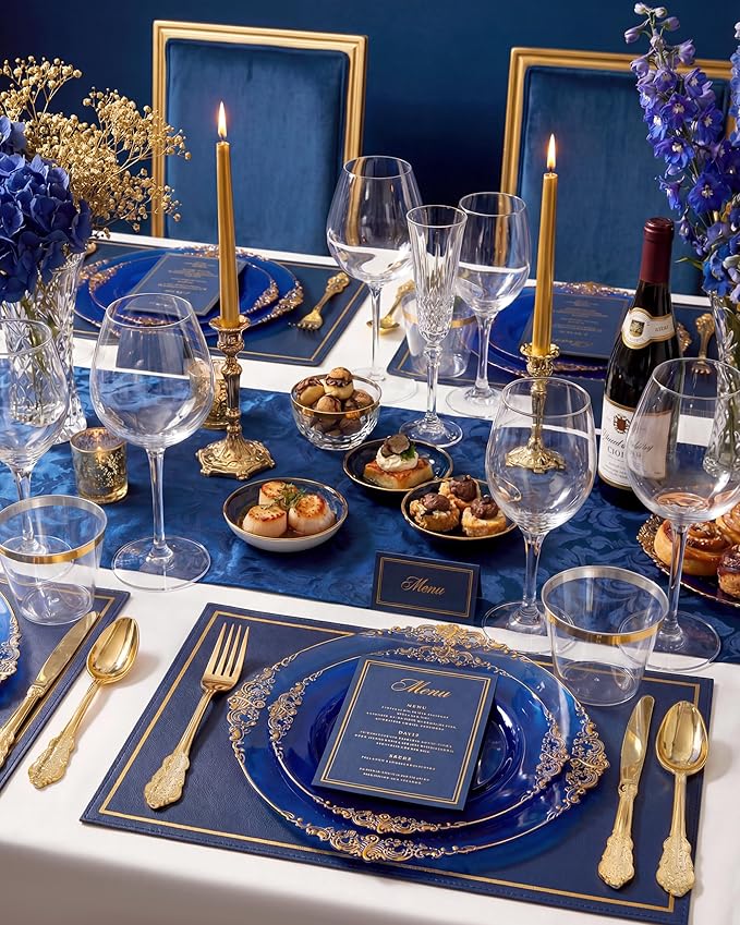 Nervure 350PCS CLear Blue Plastic Plates - Blue Gold Plastic Dinnerware Sets for 50 Guests - 100 Disposable Plates, 150 Silverware, 50 Cups, 50 Napkins for Wedding & Party