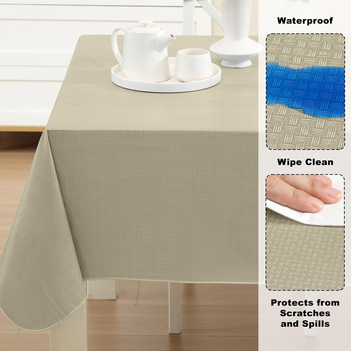 Newbridge Basketweave Vinyl Flannel Backed Tablecloth, 60 x 84 Inch Rectangle, Natural, Basket Weave Textured Indoor Outdoor Waterproof Table Cover for Patio, Kitchen, Dining