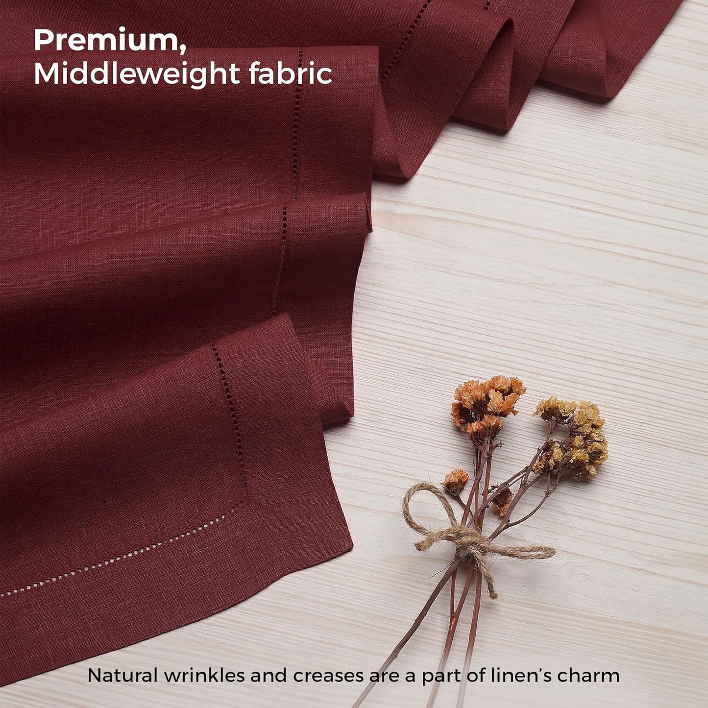 D'Moksha Homes Linen Dark Red Table Runner 84 Inches Long - 100% Pure Linen Table Runner 14 x 84 Inch for Fall, Autumn and Halloween - Classic Hemstitch
