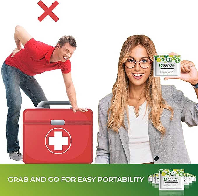 Portable Travel Size First Aid Kit - 60 Pack Case | Perfect for Home, Office, Car, School, Business, Travel, Hiking, Hunting, and Outdoors | Individually Wrapped First Aid Products (Green)