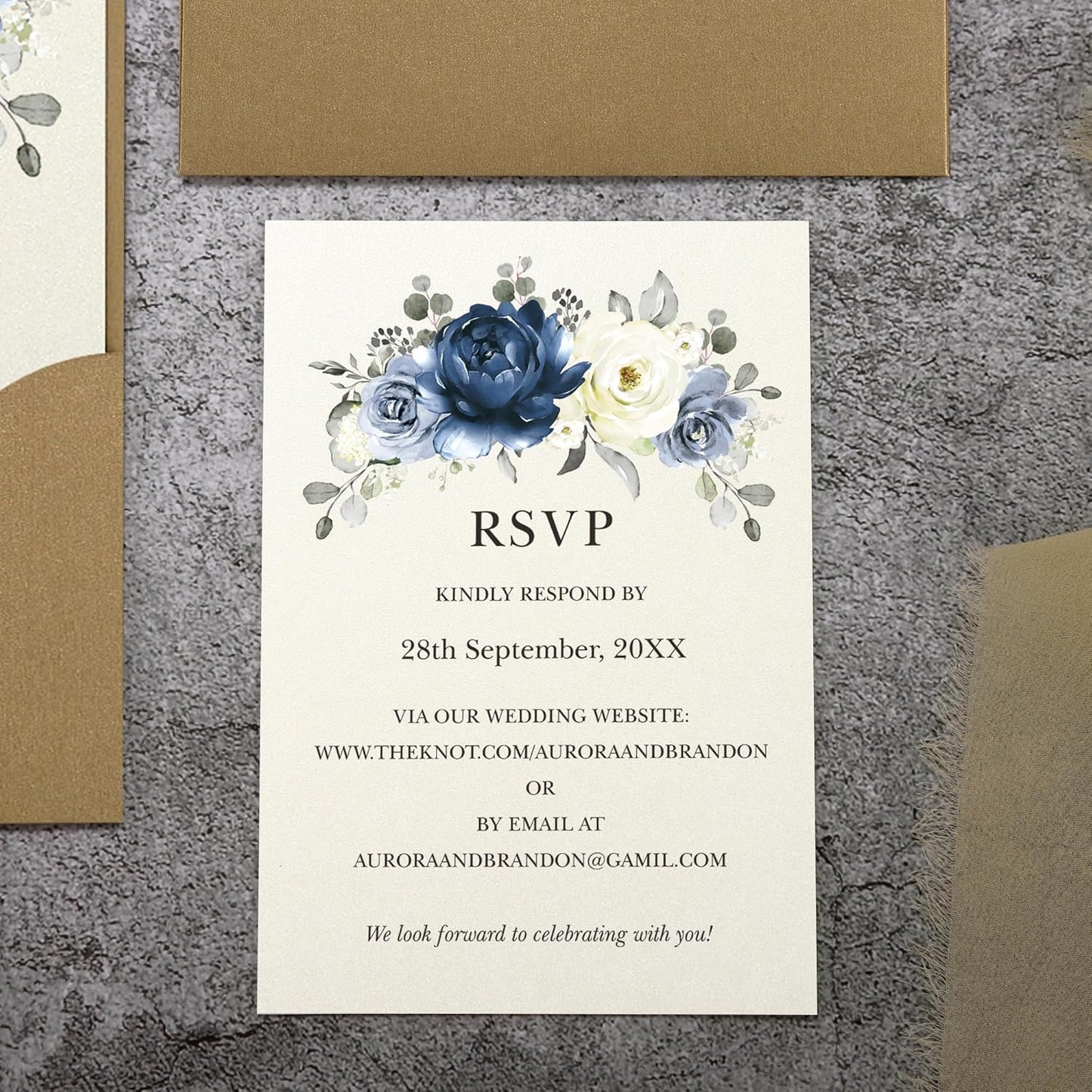 50pcs Laser Cut Wedding Invitations with Envelopes and RSVP Cards Blue and Gold, 5x7.3 Personalized Invitation Cards for Wedding, Anniversary Invitations with Rhinestone