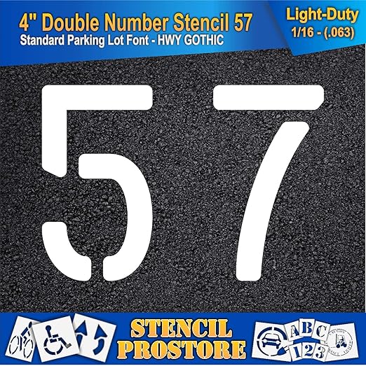 Pavement, Curb, and WheelStop Stencils - 4 inch Double Number Stencil - (57) - 4" x 5.5" x 1/16" (63 mil) - Light-Duty