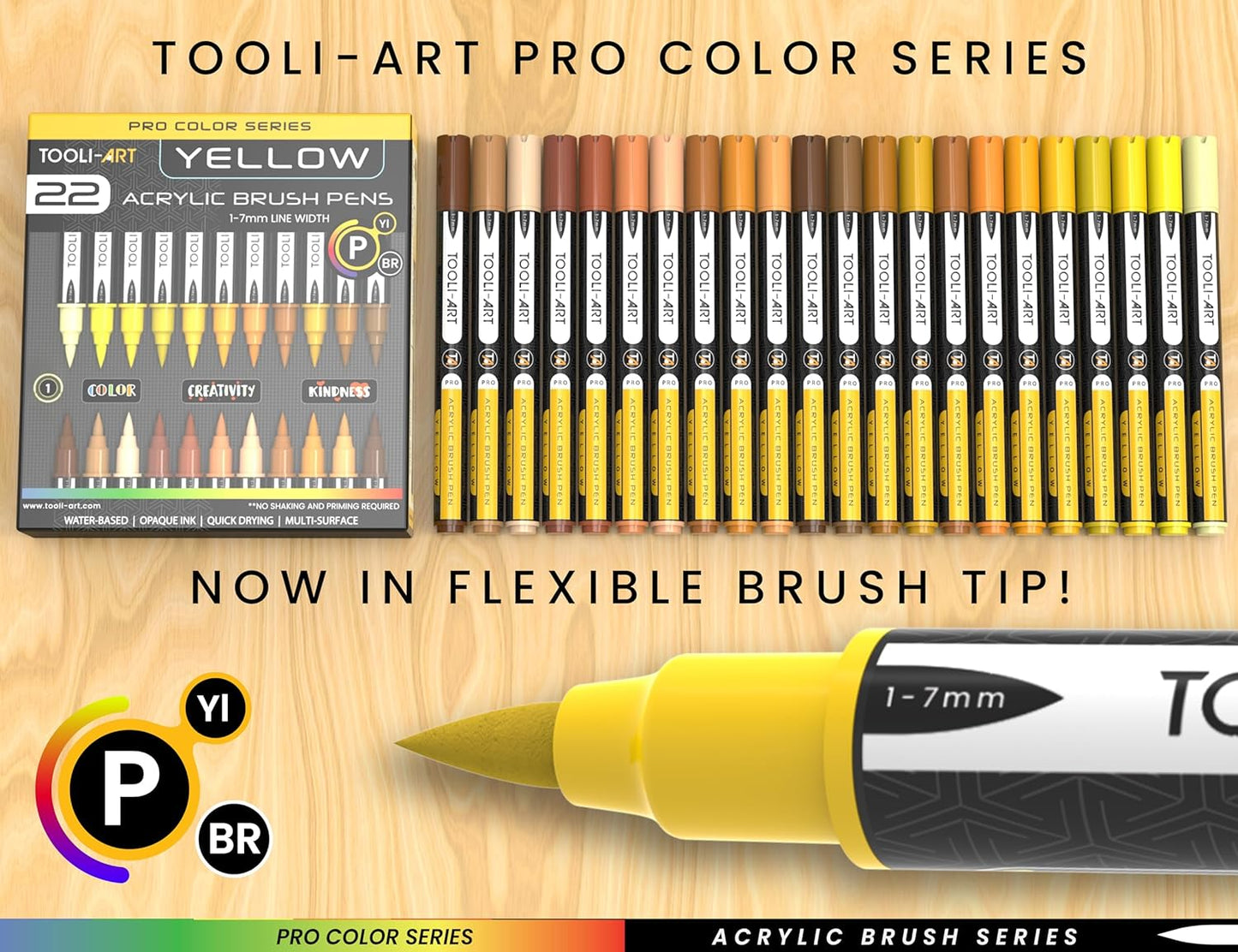 22 Flexible Brush Tip Acrylic Paint Pens Markers Set 1-7mm Line for Rock Painting, Brush Lettering, Glass, Mugs, Wood, Metal, Canvas, Fabric, Plastic. Non Toxic Waterbased Quick Drying Assorted Yellow