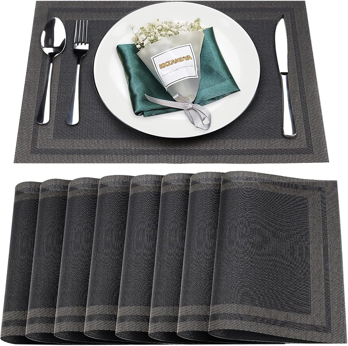 Placemats Set of 12,Washable,Heat and Stain Resistant Indoor/Outdoor Place mats,Vinyl Woven Non Slip Table Mats for Restaurant Table Protection,PVC Placemats(Black Gold 8PCS)