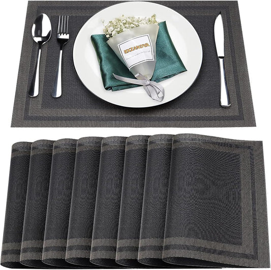 Placemats Set of 12,Washable,Heat and Stain Resistant Indoor/Outdoor Place mats,Vinyl Woven Non Slip Table Mats for Restaurant Table Protection,PVC Placemats(Black Gold 8PCS)