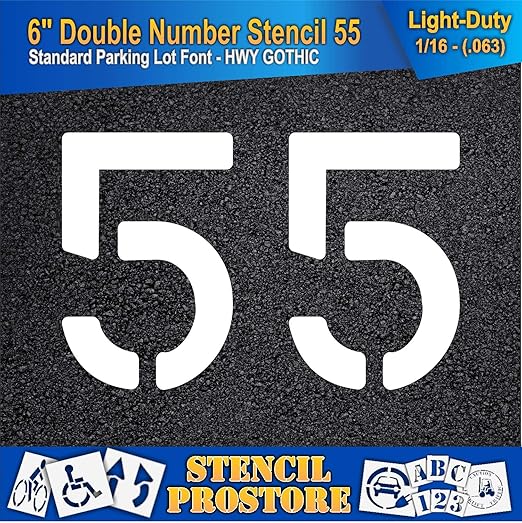 Pavement, Curb, and WheelStop Stencils - 6 inch Double Number Stencil - (55) - 6" x 9" x 1/16" (63 mil) - Light-Duty