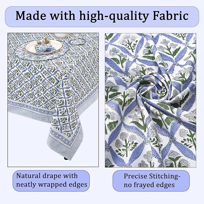Ridhi Hand Block Print Light Steel Blue Rectangle Cotton Tablecloth 118" x 70" Reusable Table Cover Decorative Everyday Use for Dining, Farmhouse, Home Gift for Spring, Easter, Valentine
