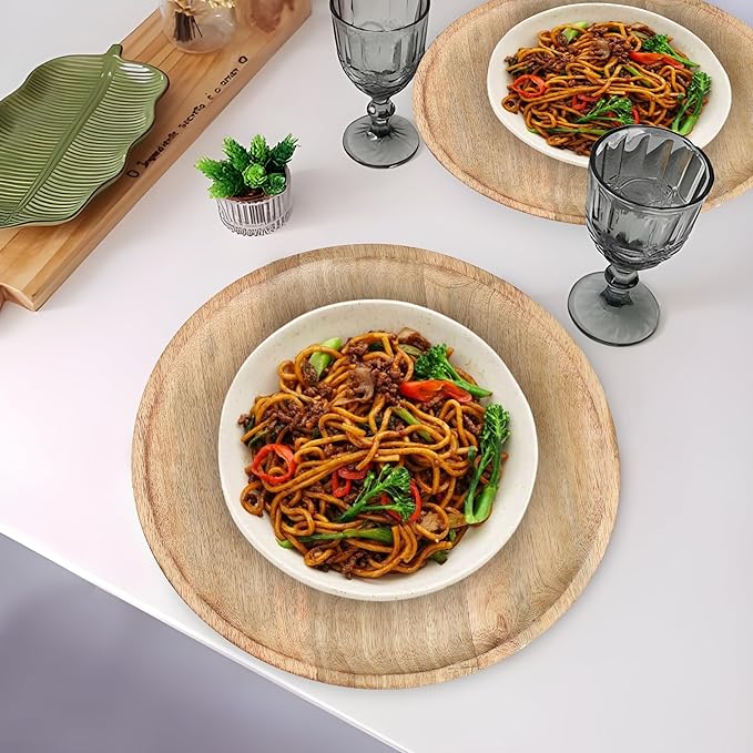 Lightnpro Round Wood Plates - 13 Inch Natural Hand Made Wooden Charger Plates, Easy Cleaning Lightweight Serving Plates for Dishes, Snack, Dessert, Salad - 2 Pack