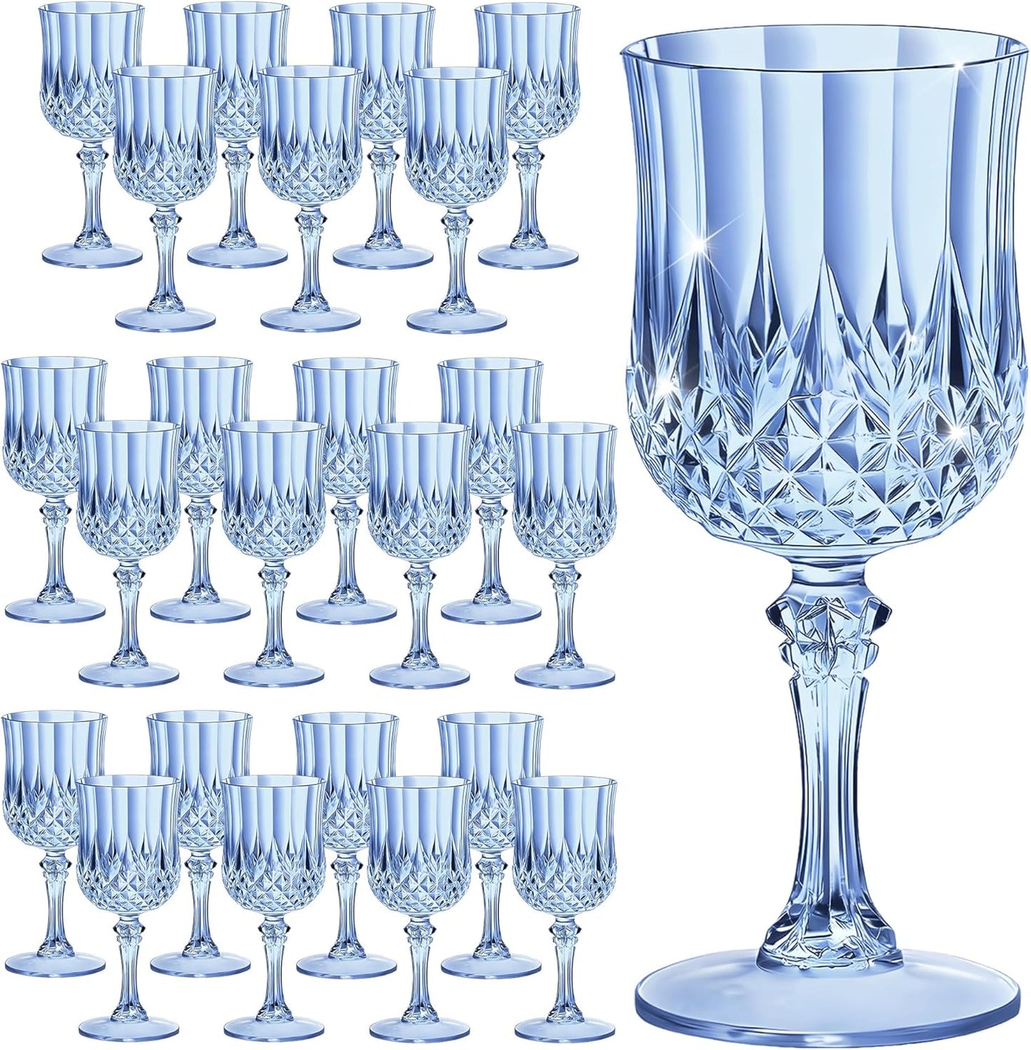 24PCS 7OZ Blue Wine Plastic Glasses, Drinking Champagne Glasses Flutes Crystal Vintage Water Unbreakable Goblets for Wedding, Parties
