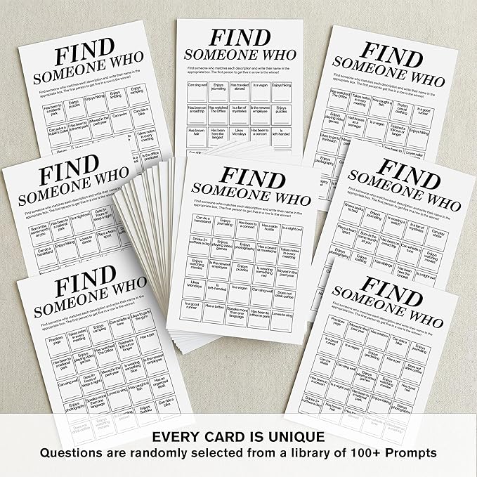 Sahjzk Office Bingo Cards, 25 Unique Randomized 5x7 Sheets, Get to Know You Bingo Game for Adults, Ice Breaker Office Party Games, Team Building Games for Work, High Replay Value - A04