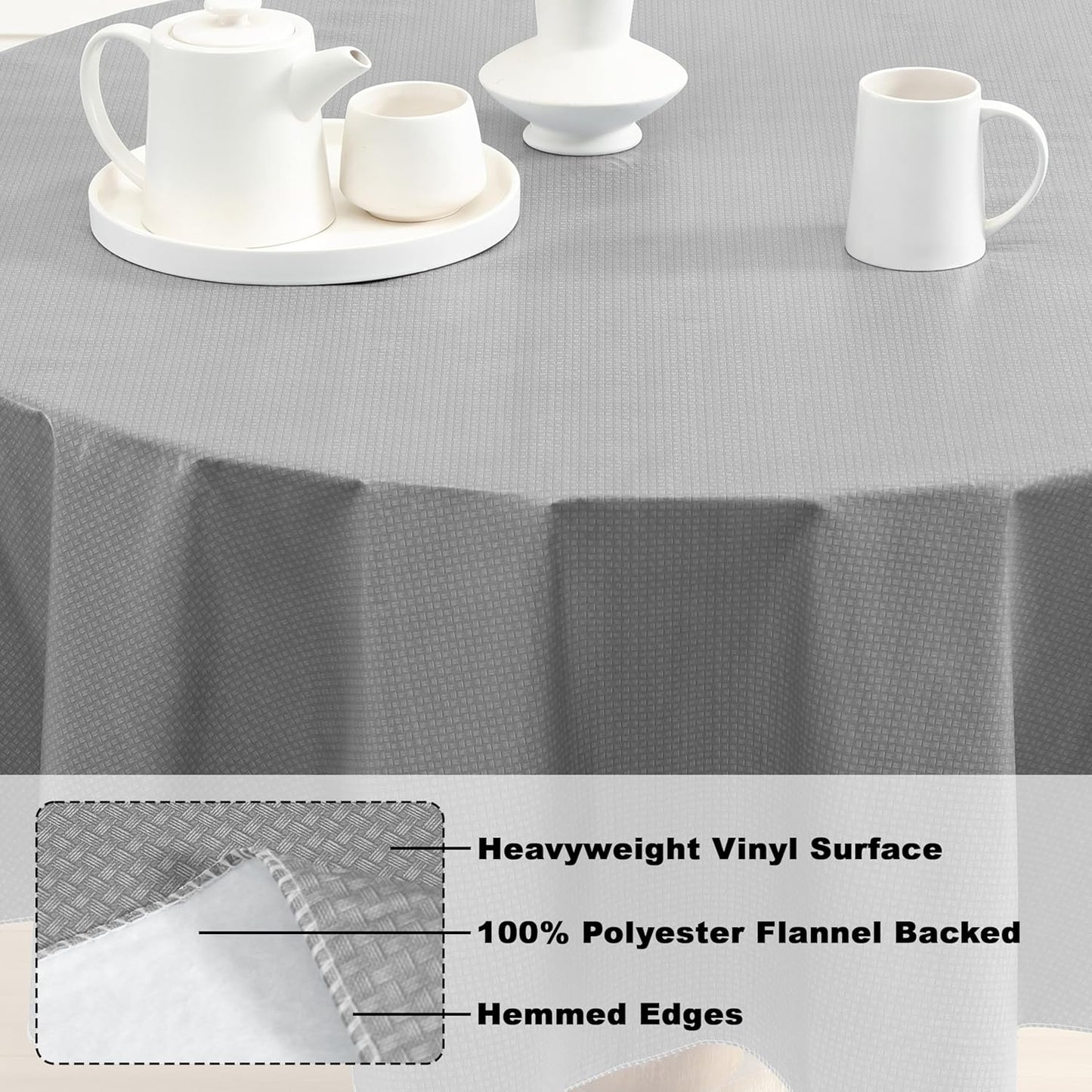Newbridge Basketweave Vinyl Flannel Backed Tablecloth, 70 Inch Round, Grey, Basket Weave Textured Indoor Outdoor Waterproof Table Cover for Patio, Kitchen, Dining