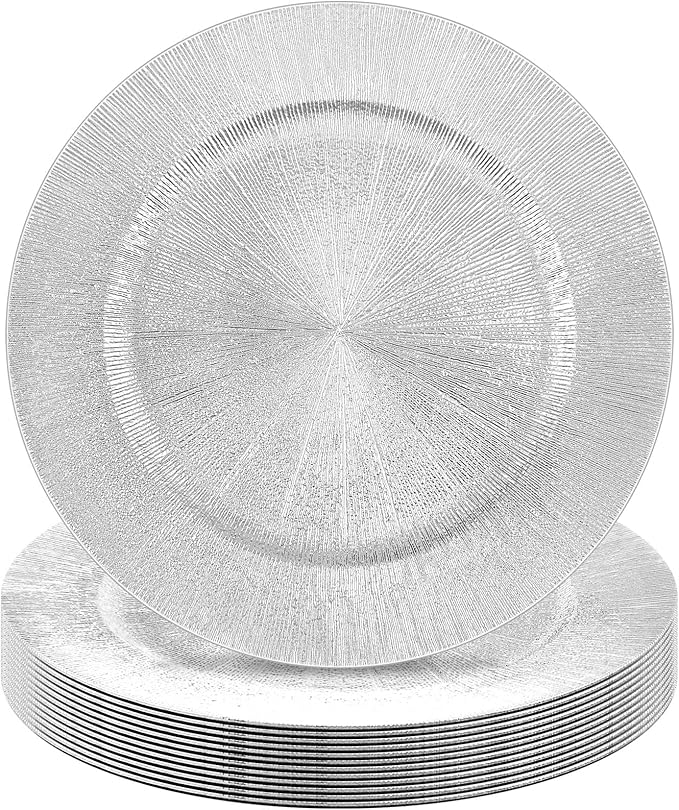 Tanlade 12 Pcs Charger Plates Bulk 13 Inch Plastic Round Wedding Chargers Floral Decorative Plates with Metallic Ruffled Rim for Wedding Party, Holiday Event Supplies(Silver)
