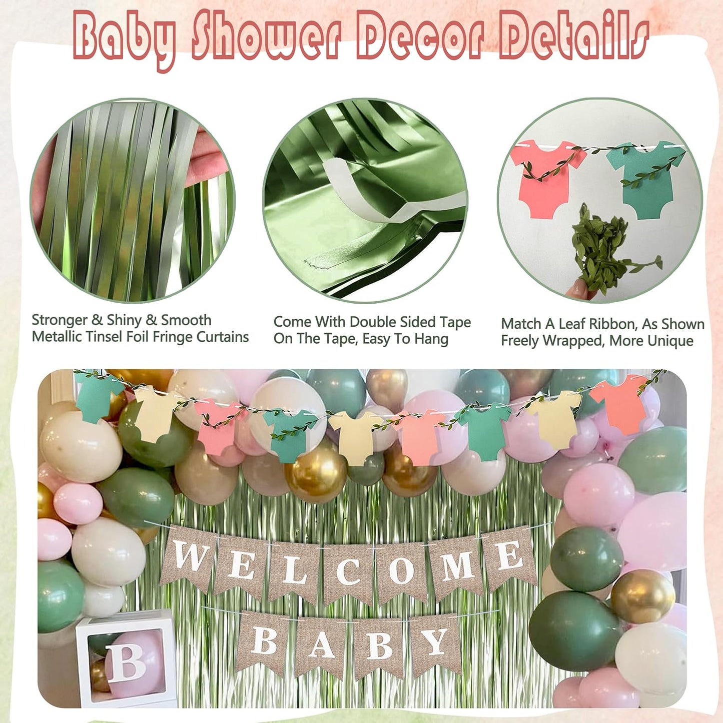 Pink Green Baby Shower Decorations Girls with Welcome Baby Banner, Paper Pom Poms, Sweet-Girl Baby Cake Topper, Retro Olive Pink Metallic Balloon Décor for Easter Jungle Safari Fairy Baby Shower Party