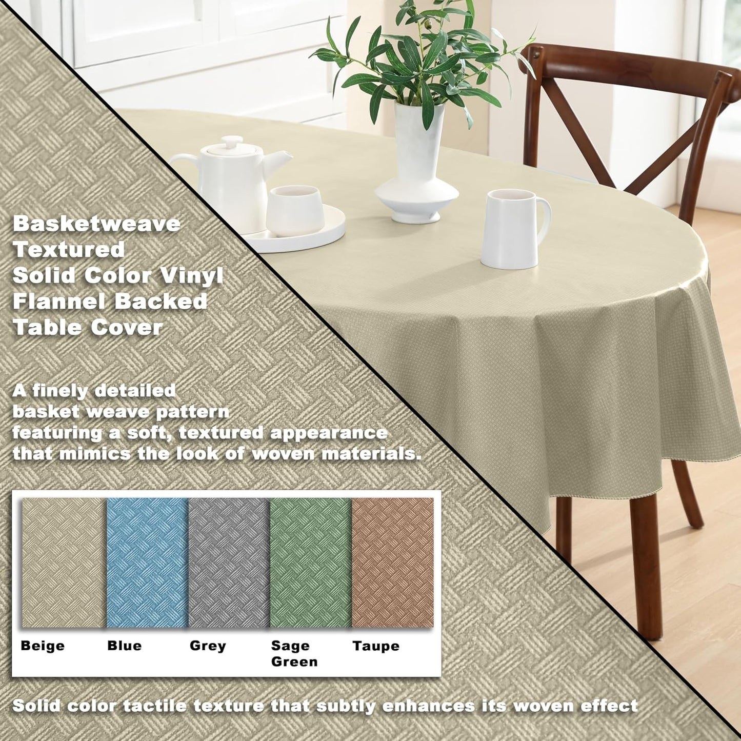 Newbridge Basketweave Vinyl Flannel Backed Tablecloth, 60 x 84 Inch Oval, Natural, Basket Weave Textured Indoor Outdoor Waterproof Table Cover for Patio, Kitchen, Dining