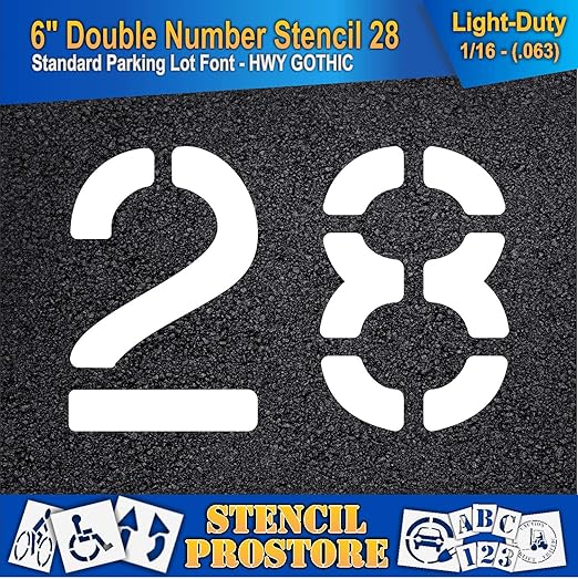 Pavement, Curb, and WheelStop Stencils - 6 inch Double Number Stencil - (28) - 6" x 9" x 1/16" (63 mil) - Light-Duty