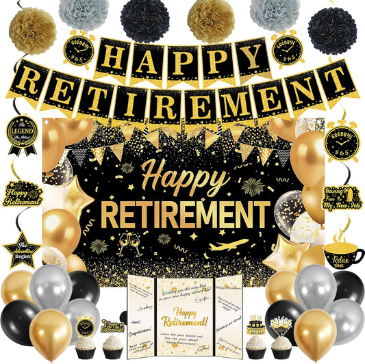DARUNAXY Retirement Party Decorations, Black Gold Happy Retirement Banner, Officially Retired Signature Guestbook The Legend Has Retired Balloons Hanging Swirl Tissue Paper Pom Poms Supplies for Men