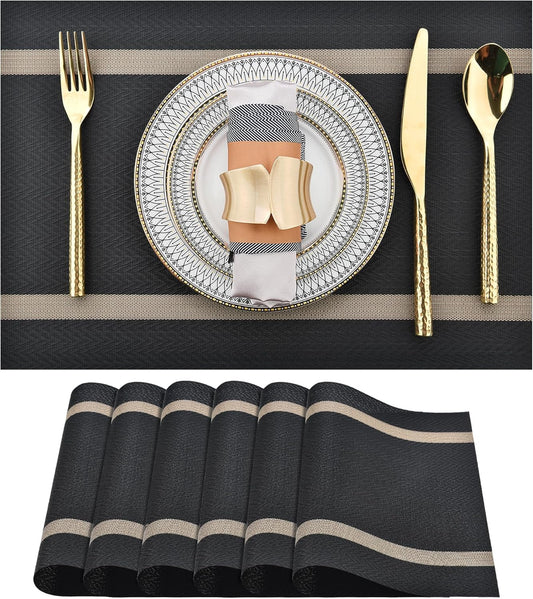 SLKQG Black Placemats Set of 6 - Easy Clean Modern Durable Washable Vinyl Place Mats - Heat Resistant Placemats for Kitchen Table - PVC Table Mats for Dining Table (Black with Stripes, 6)