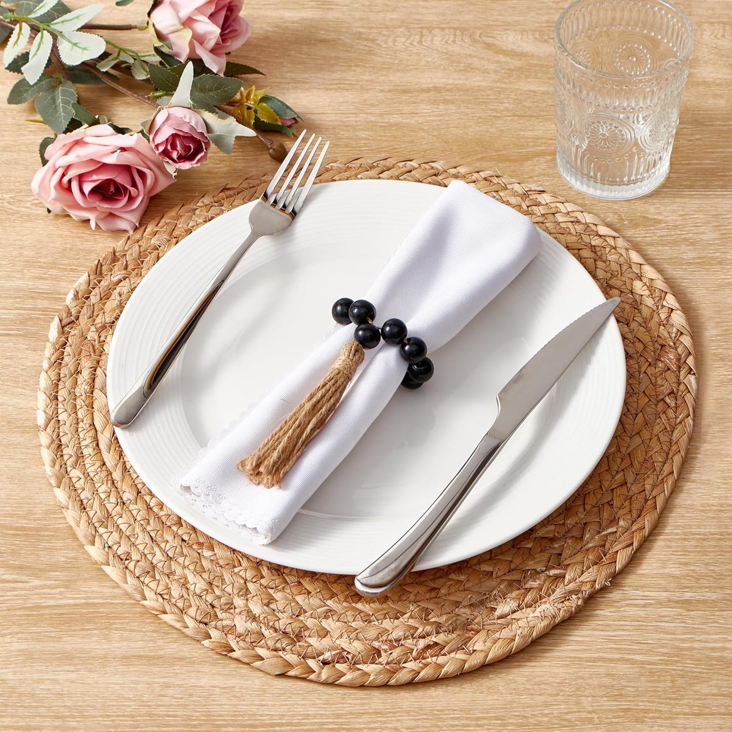 AWTWOW Napkin Rings Set of 6, Black Wooden Bead Napkin Rings for Table Decor, Hallowen Farmhouse Napkins Rings for Boho Table Decor, Fall Banquet, Wedding, Holiday Dinner Party
