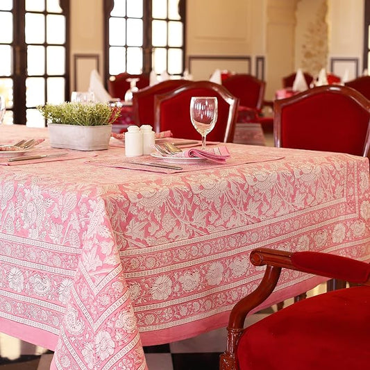 Labhanshi Indian Handblock Print Floral 100% Cotton Pre-Washed Canvas Rectangle Table Cloth|72x135 Inch 10-Seater Large Decorative Table Cover|Spring Easter Festive Holiday Decor|Pink Rose