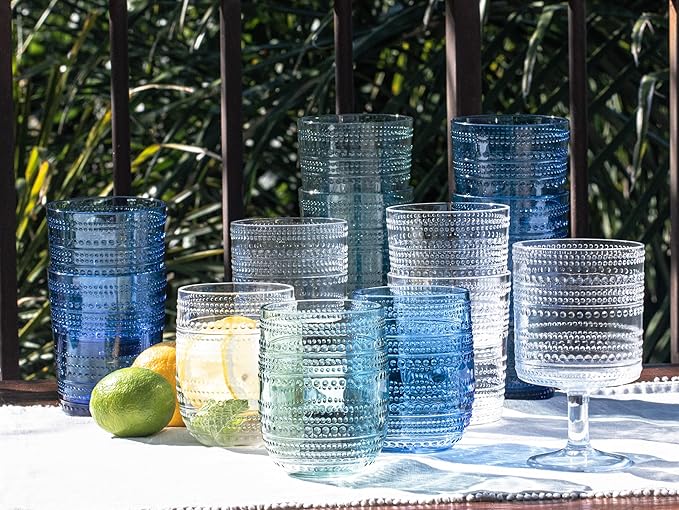 Beaded Double Old Fashioned Drinkware, Indoor/Outdoor, Cobalt Blue, 15.6 oz., Set of 6